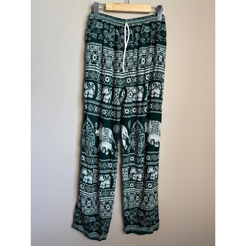 Thai Elephant Print Rayon Wide Leg Lounge Pants L Green Boho Hippie‎ Festival